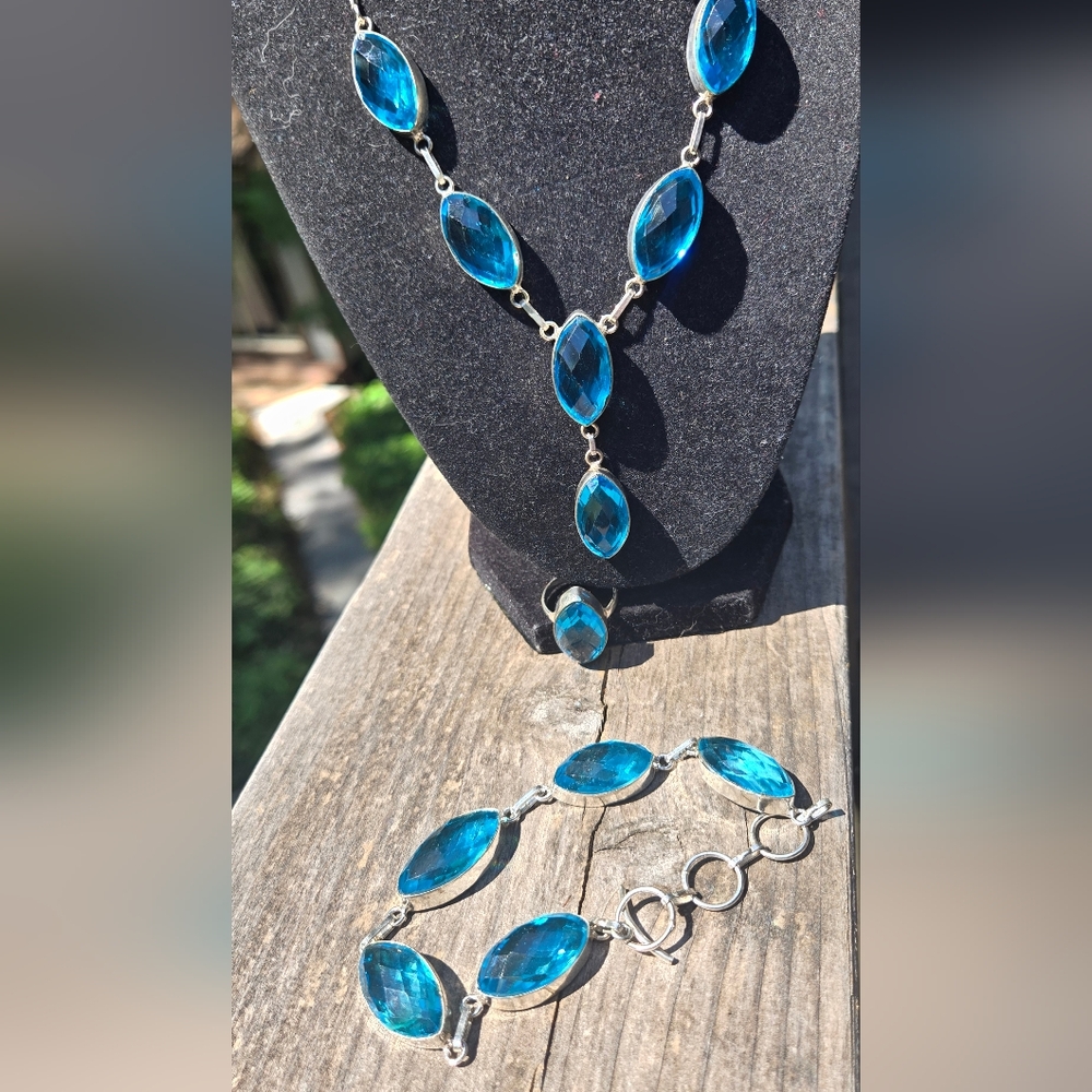Blue Topaz Teardrop Beveled Necklace 18" Bracelet 10" Ring 4.5 Earring SET - Picture 4 of 11